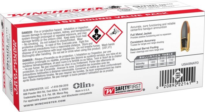Winchester USA 9mm NATO 124-Grain Handgun Ammunition - 150 Rounds