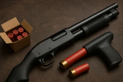 Black 12-gauge shotgun with red shells and a box of ammo
