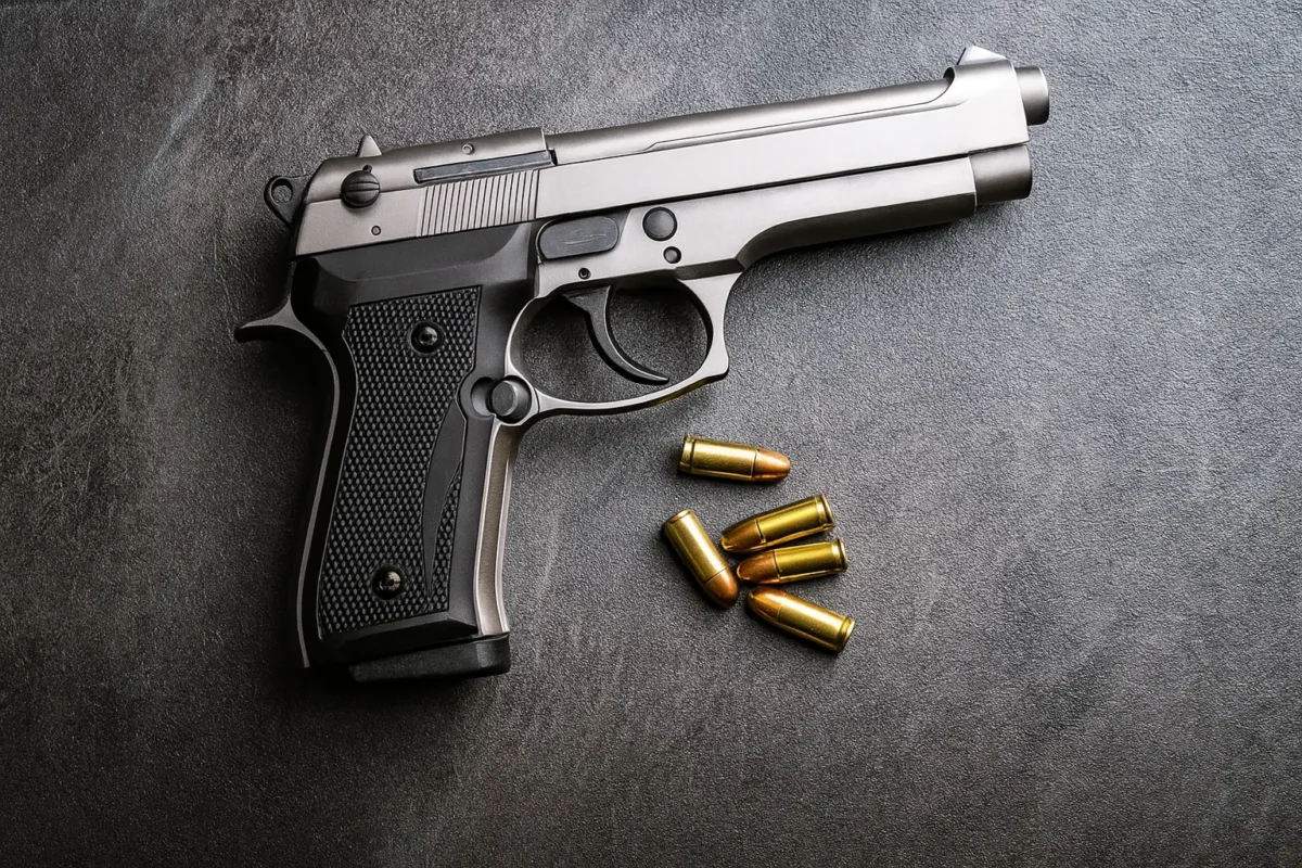 9mm handgun placed on dark surface with six brass bullets beside the trigger