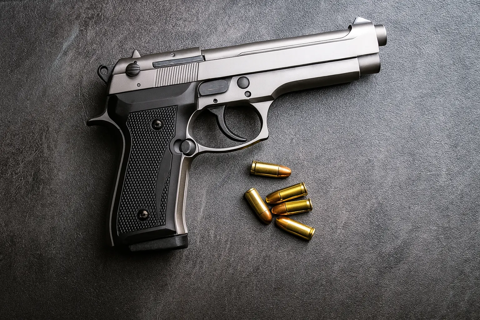 9mm handgun placed on dark surface with six brass bullets beside the trigger