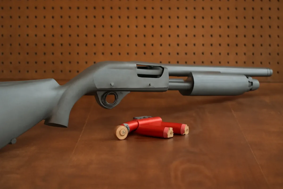 12-gauge shotgun with shells on a wooden surface