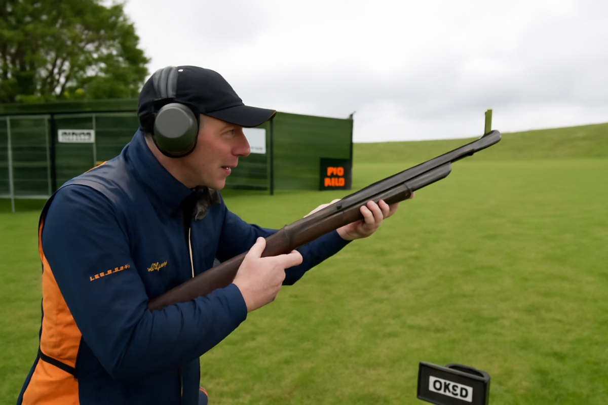 Shooter aiming a trap shooting gun at the range